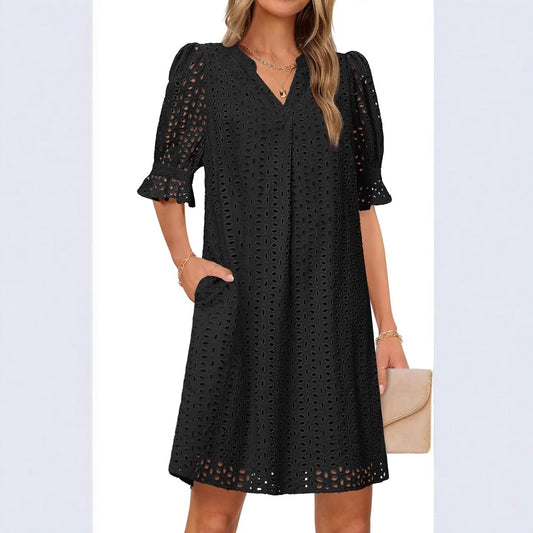 SpringSummer V Neck Pleated Collar Hollow Out Floral Lace Dress