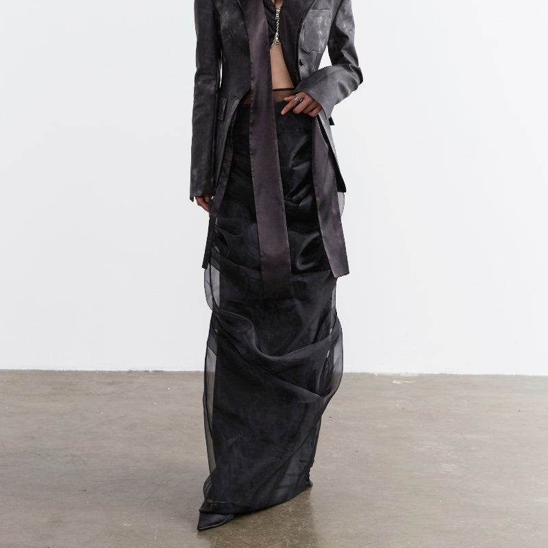 Elegant Retro Dark Style Two-piece Skirt With Pleated Yarn