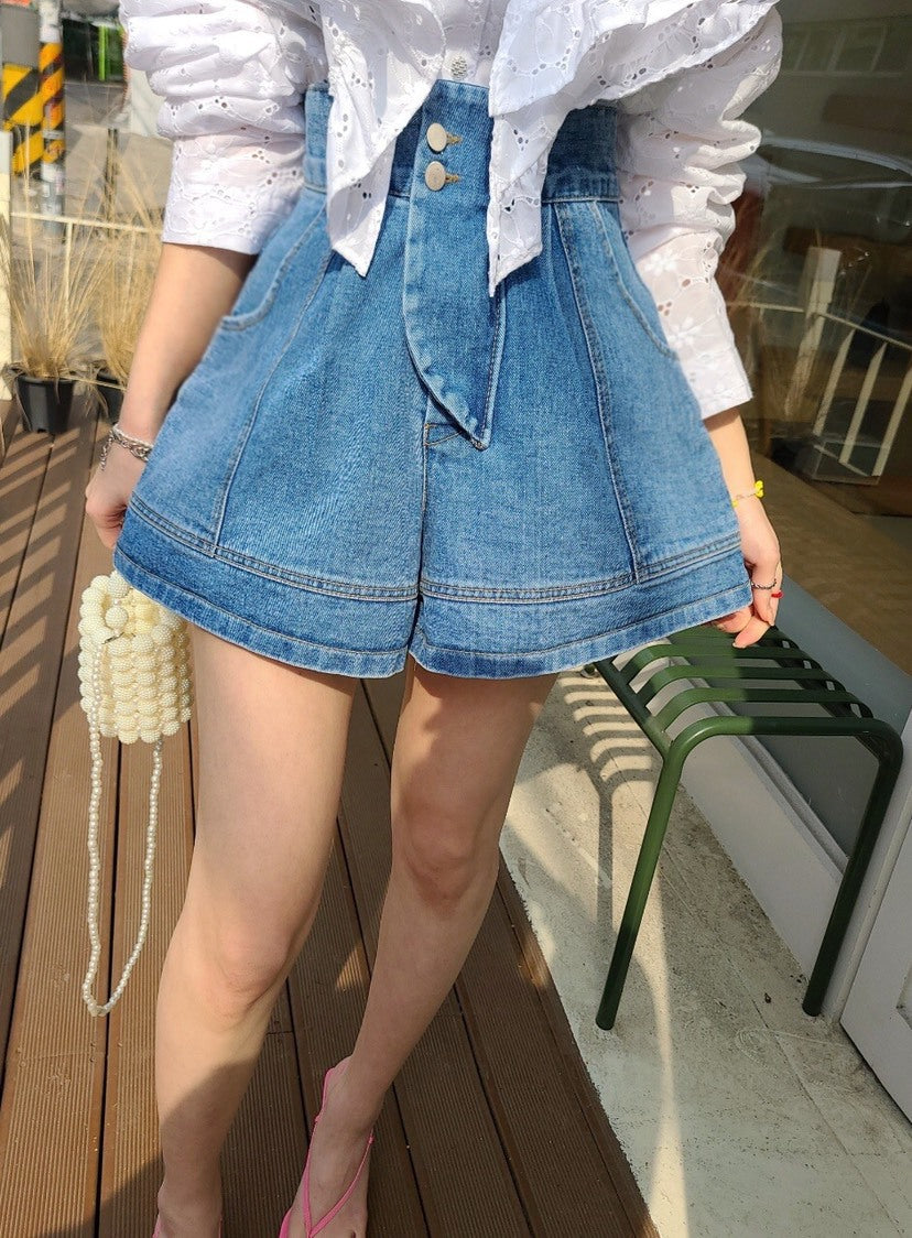 Vintage High Waist Single Breasted Wide Leg Denim Shorts