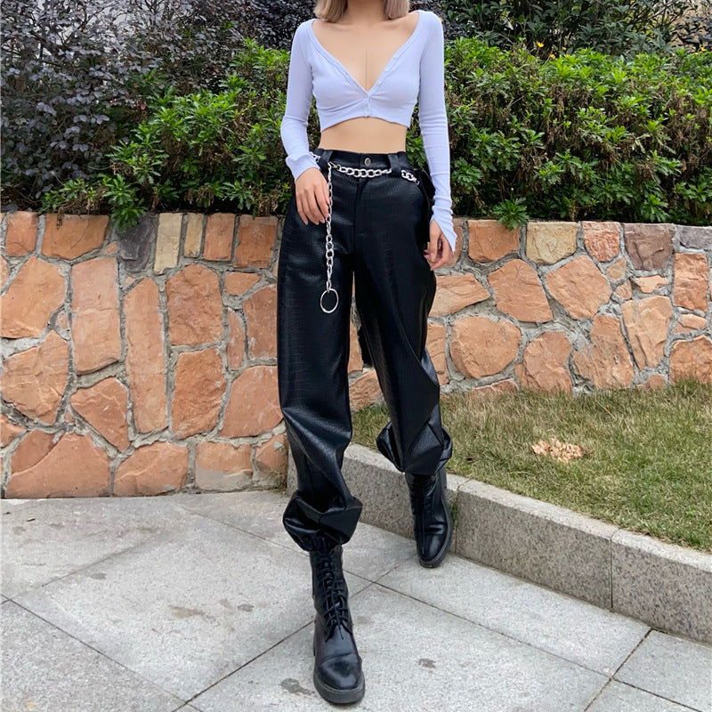 Women's Black Scaly Leather Overalls