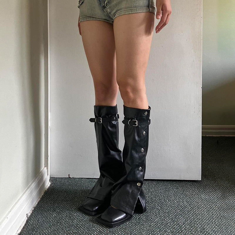 Dark Punk Metal Buckle Black Leather Leg Warmer