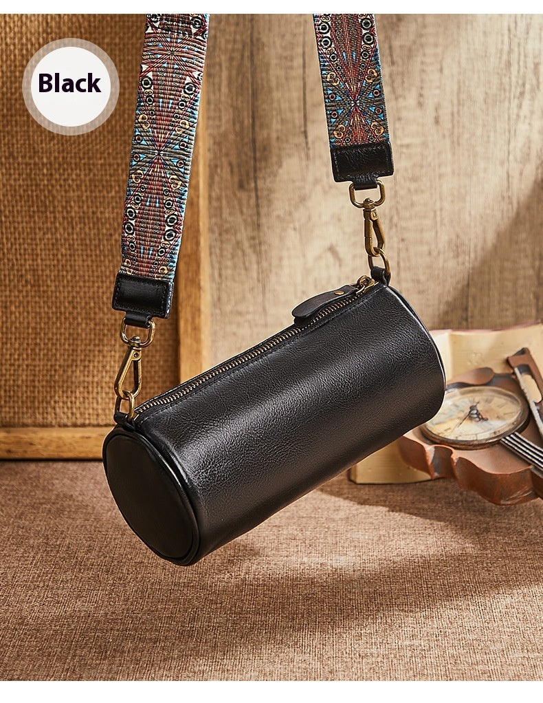 Top Layer Cowhide Leather Single-shoulder Bag Wide Shoulder Strap Round Bag