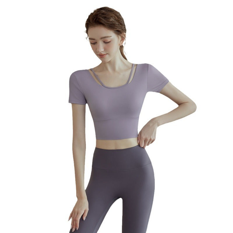 New Womens Solid-color Short-sleeve Yoga Set