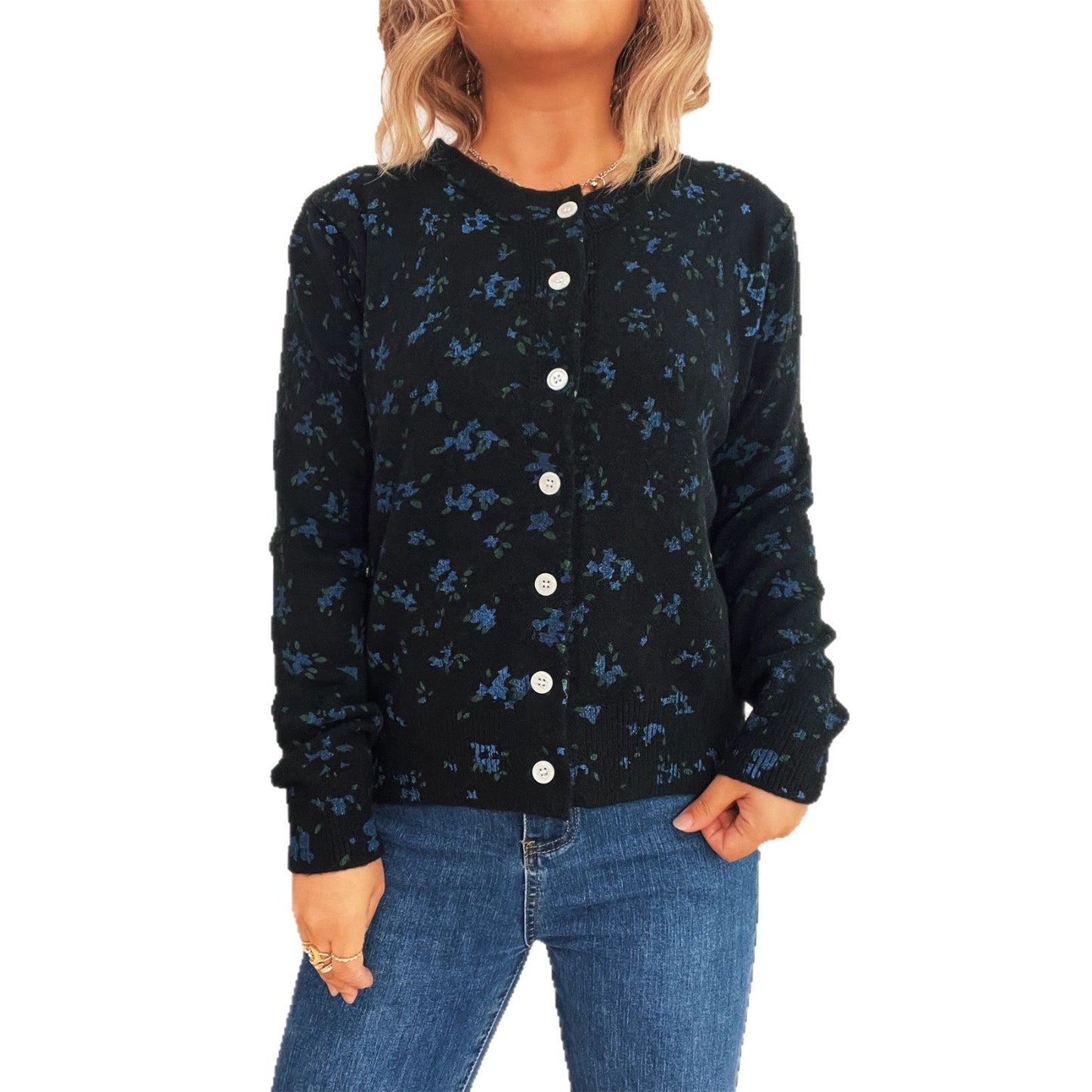 Simple Flower Print Cardigan Commuter Round Neck Knitted Sweater