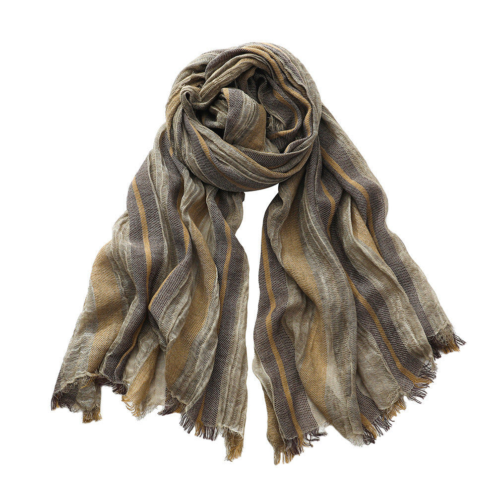 Retro Artistic Cotton And Linen Scarf Unisex Mixed Color Stripe Long