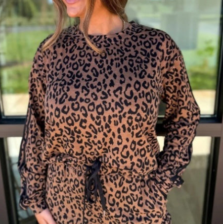 Brown Striped Design Leopard Print Long Sleeve Top Drawstring Pants Suit