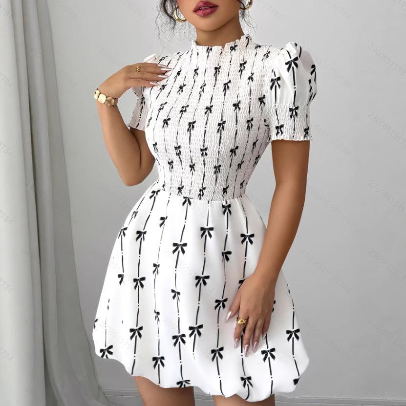 Womens Ruffle-Sleeve Bow-Knot Pullover Dress