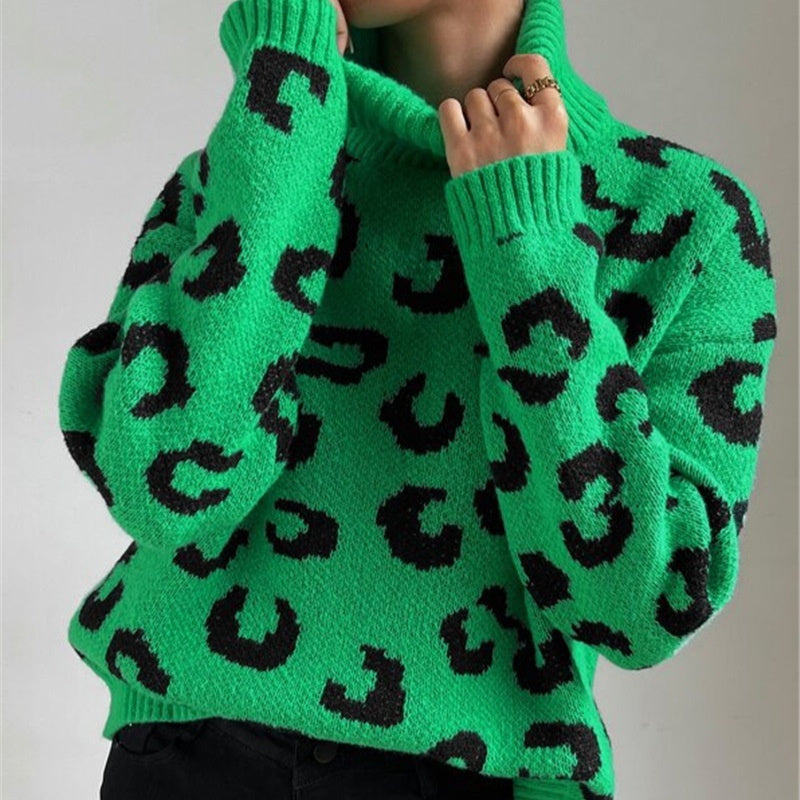 Fallwinter High-neck Pullover Knitted Leopard-print Sweater