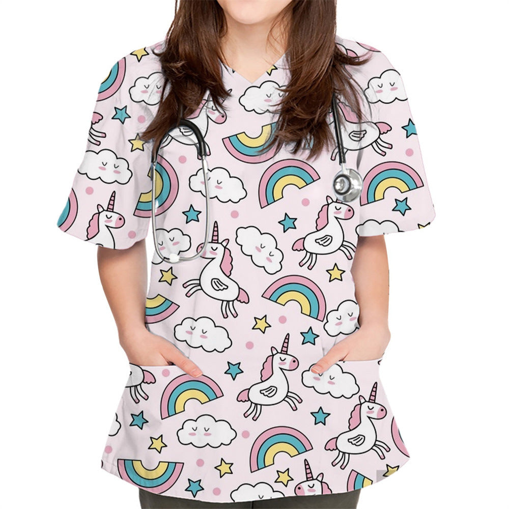 V-neck Cute Plain Pattern Series 3D Cloth For Nursing Workers