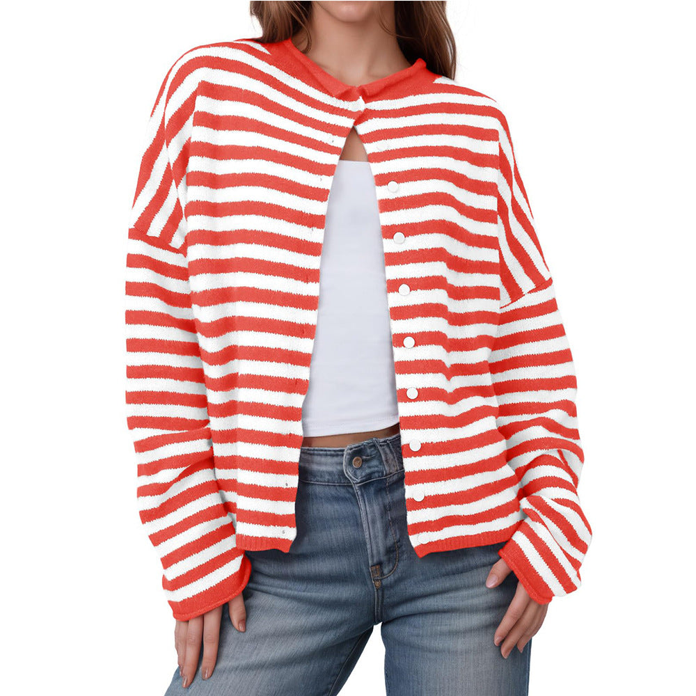 Women's Striped Contrast Color Sweater Long Sleeve Casual Cardigan
