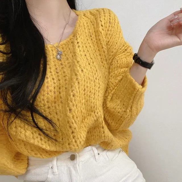 Simple Pullover Drop-shoulder Sleeve Loose Thick Knit Knitwear