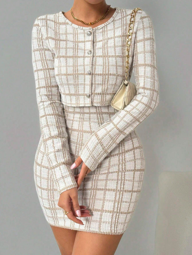 Womens Plaid Long-Sleeve Jacket And Suspender Skirt Set