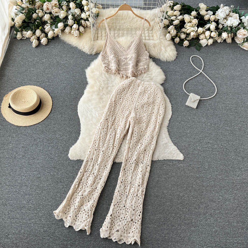 Travel Holiday Style Women's V-neck Tassel Suspender Tube Top Two-piece Set
