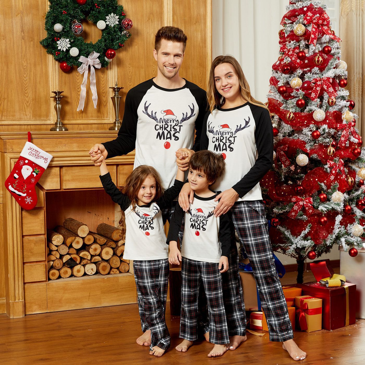 Juleelg print Forældre-barn Sæt Langærmet Pyjamas Hjemmetøj