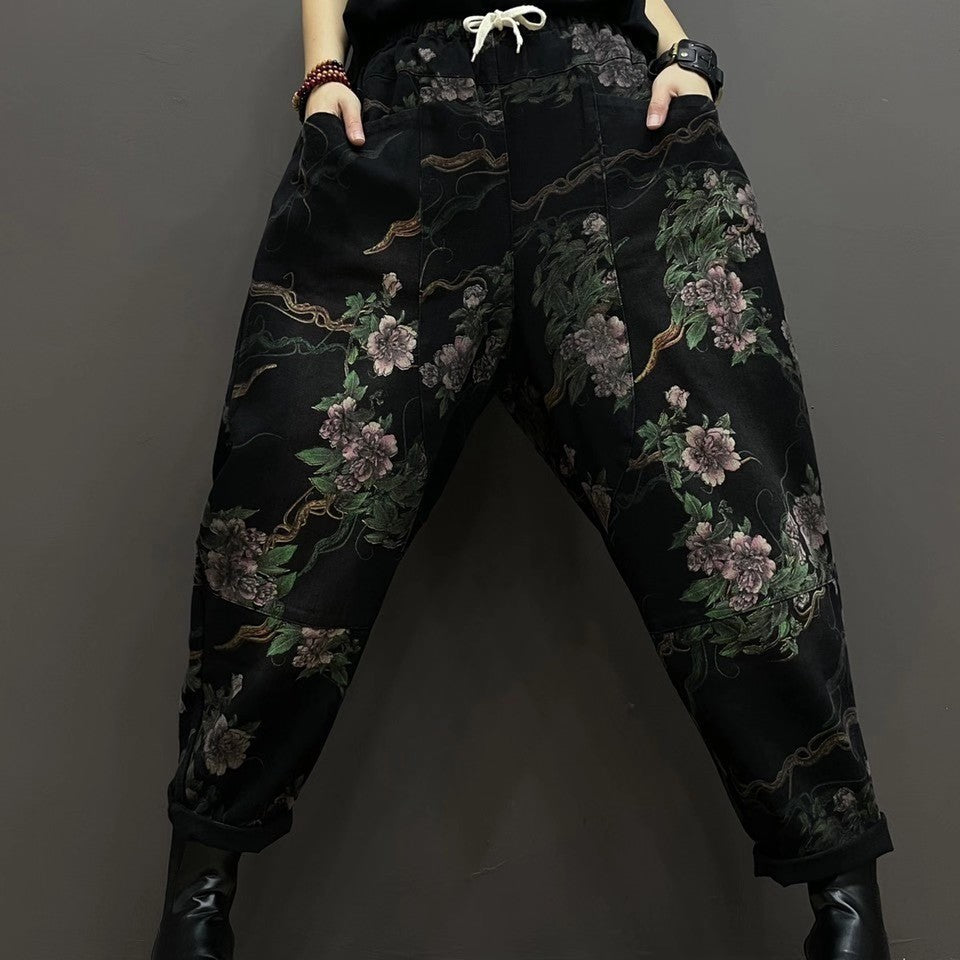 Spring New Literary Large Size Printed Denim Old Dad Pants