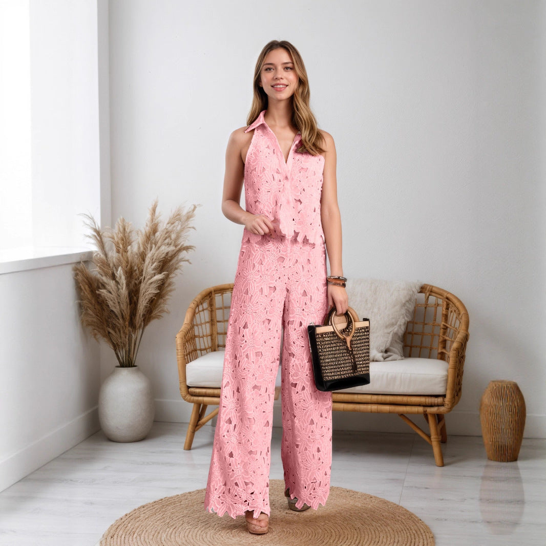 Fashion Hollow Lace Pants Two-piece Set Women