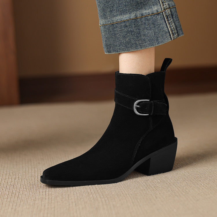 Suede Leather Chunky-heel Autumnwinter Fleece-lined Suede Boots