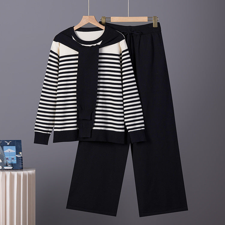 Womens Professional Knit Set Striped Sweater And Wide Leg Pants Two Piece Suit