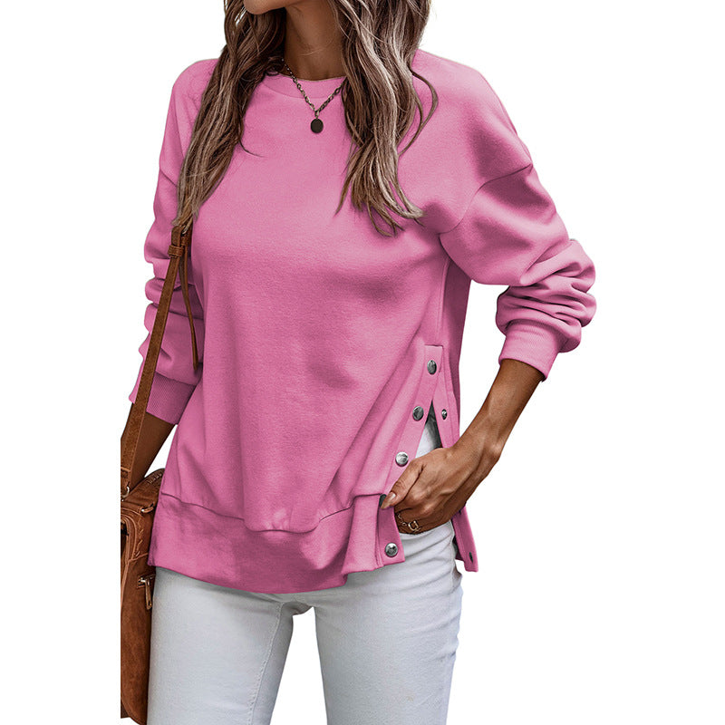 Solid Color Pullover Women's European And American Leisure Style Slit Loose Flab Hiding Long Sleeve Bathroom