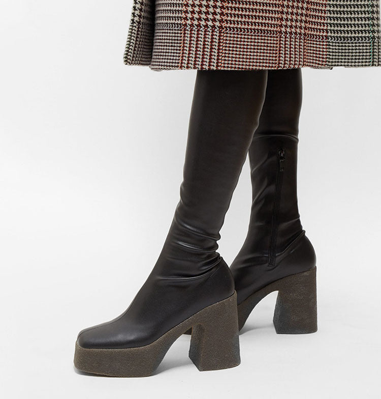 Thick Bottom Waterproof Platform Square Toe Elastic Boots