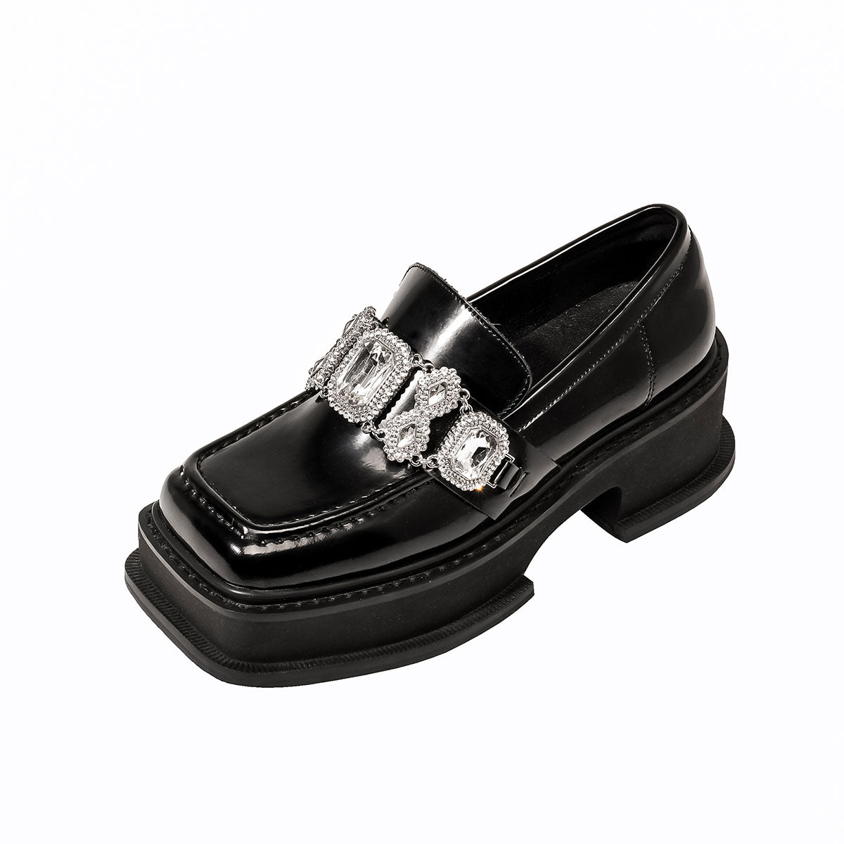 Rhinestone Lok Fu Square Toe Chunky Heel Shoes