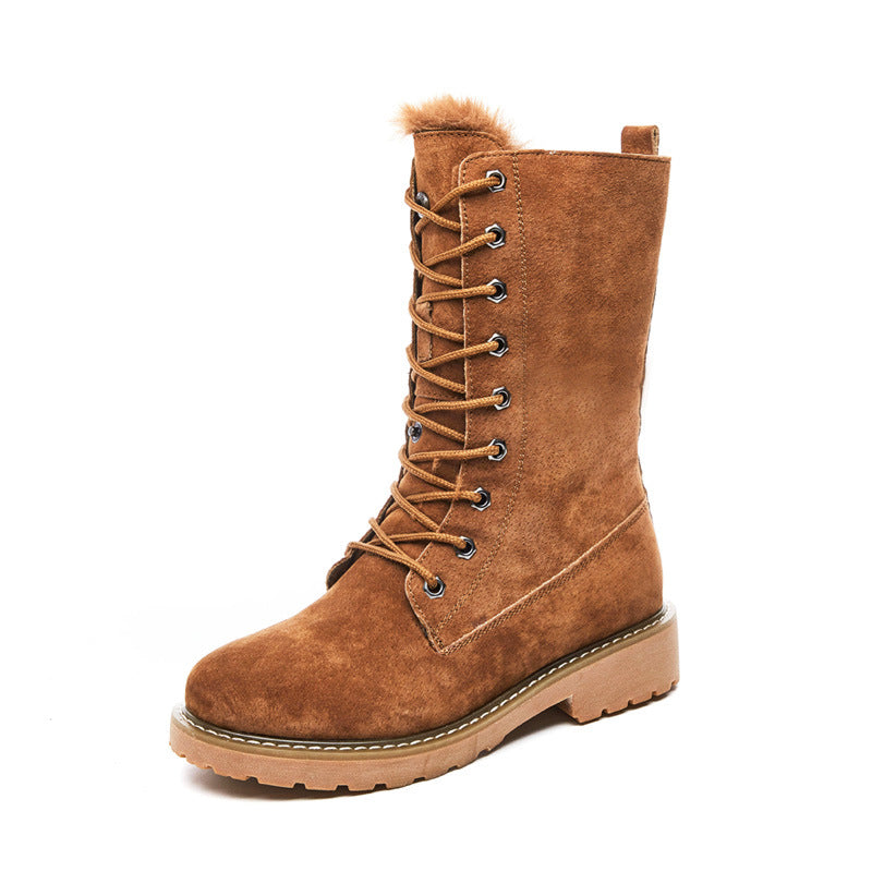 Fur Integrated Snow Boots Women's Leather Middle Tube