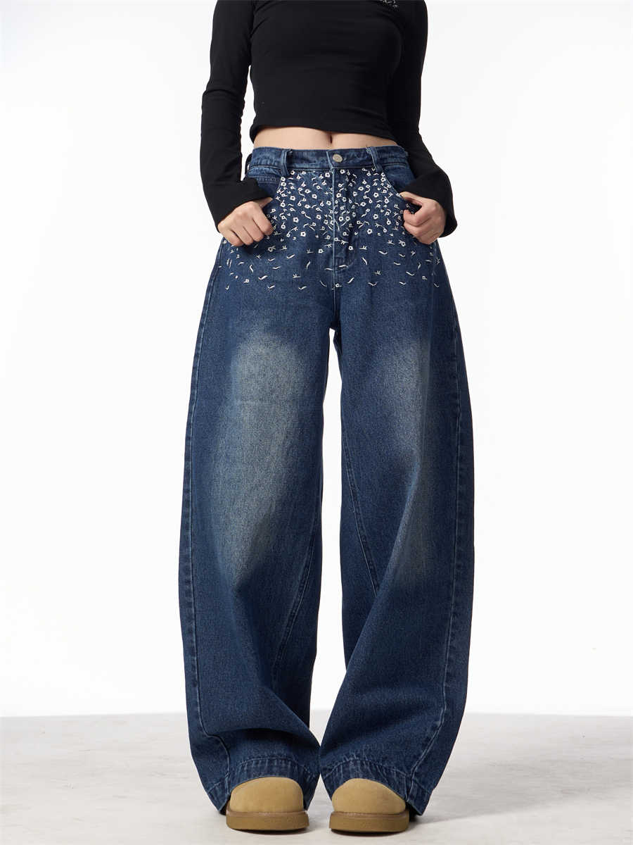 Vintage Floral Embroidered Straight Jeans Women Loose Casual Wide-leg Trousers