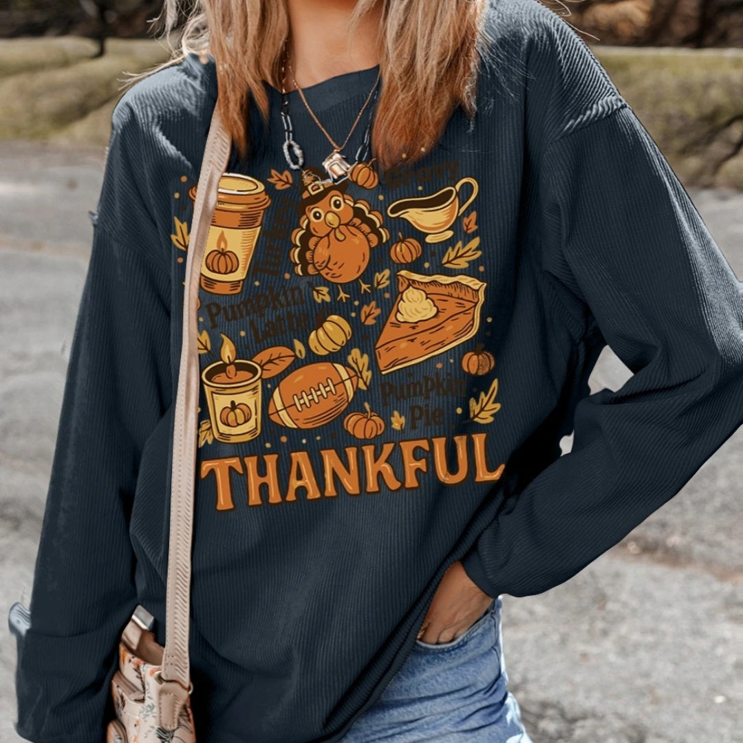 Women's Solid Color Loose Round Neck Print Long-sleeved Sweater