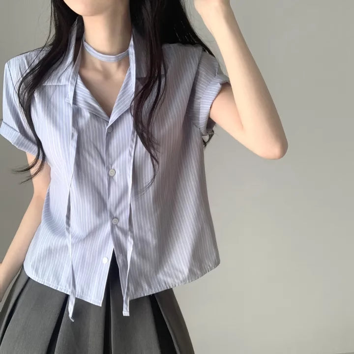 Short-sleeved Shirt Loose Women's Short Striped Shirt