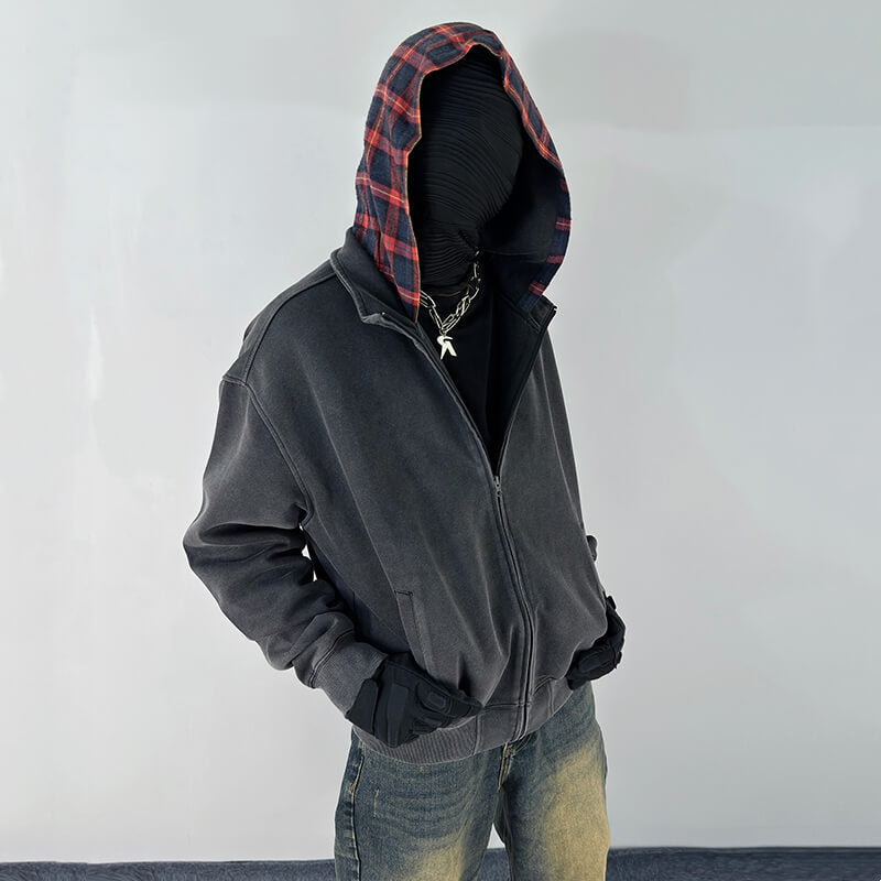 Plaid Patchwork Hoodie Men's Short Cleanfit Coat