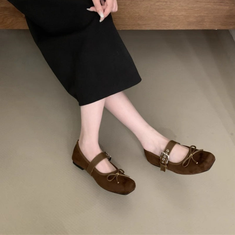 Flat Bow Ballet Silver Belt Buckle Shoes