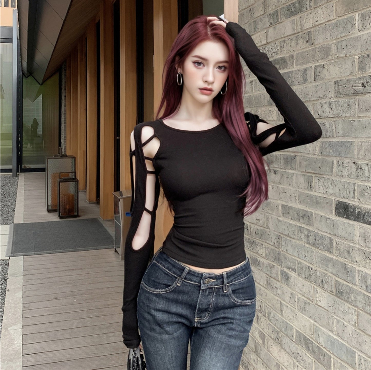 Long-sleeved Off-shoulder Cropped Hollow-out Women's Black T-shirt