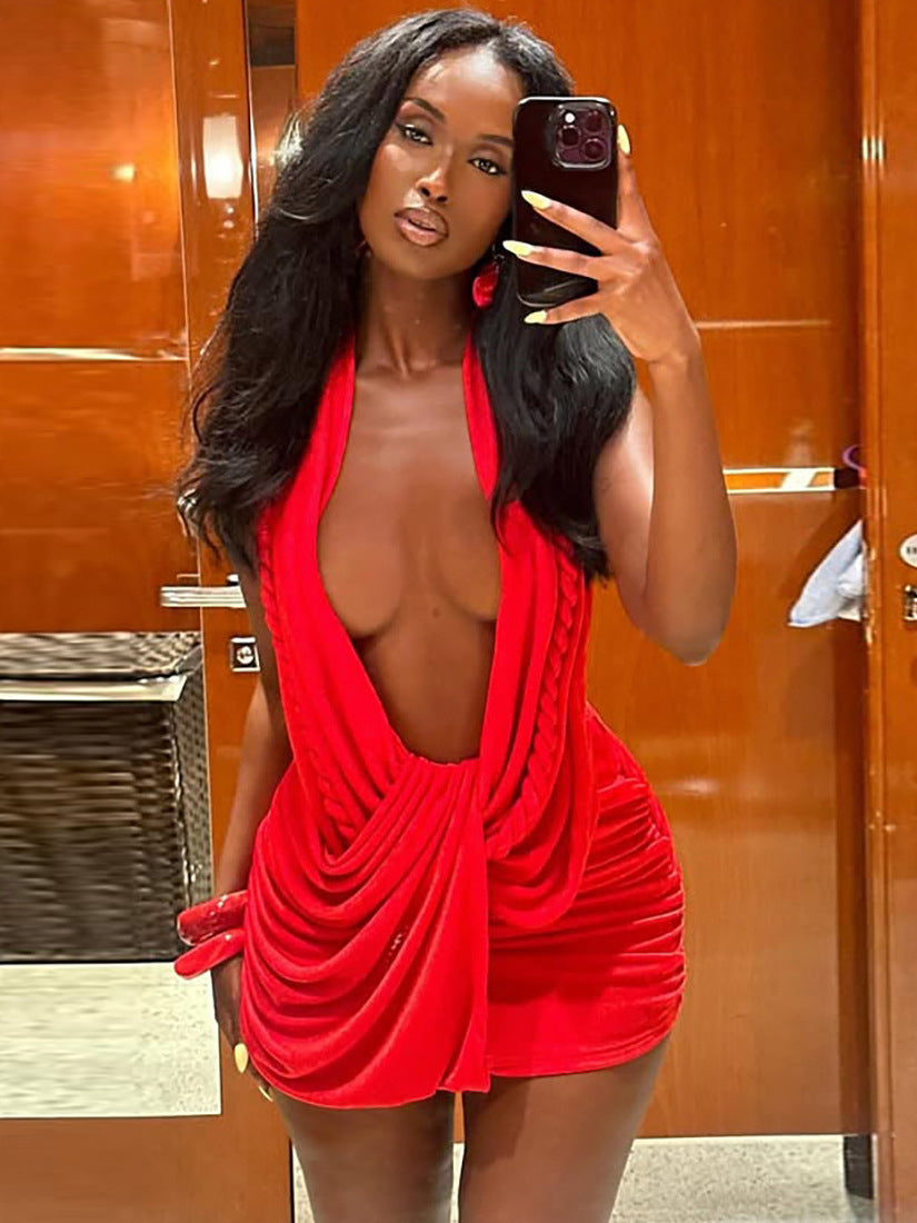 Womens Deep V-Neck Halter Backless Short Bodycon Dress
