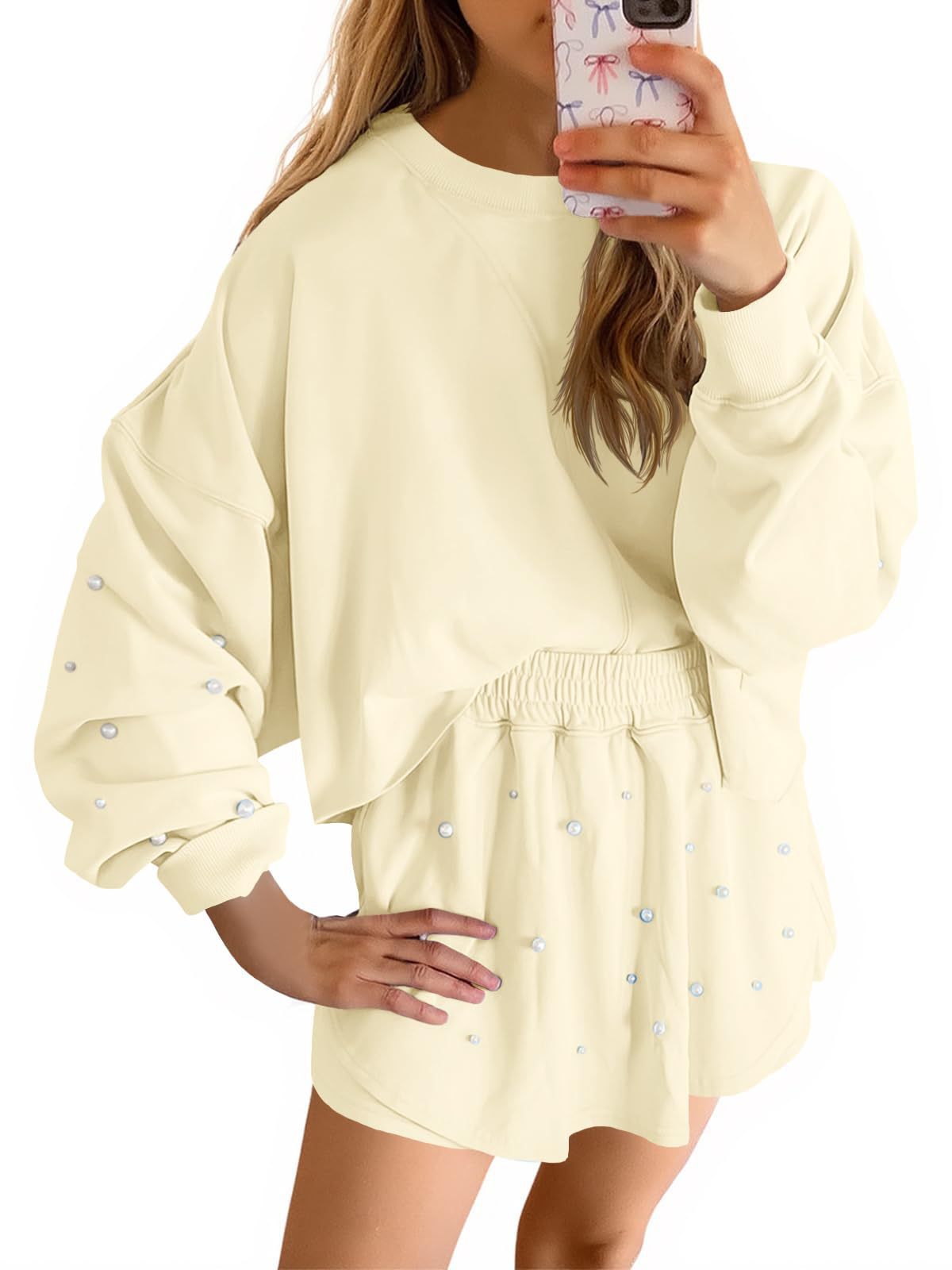 Womens Casual Long-sleeve Top And Shorts Set