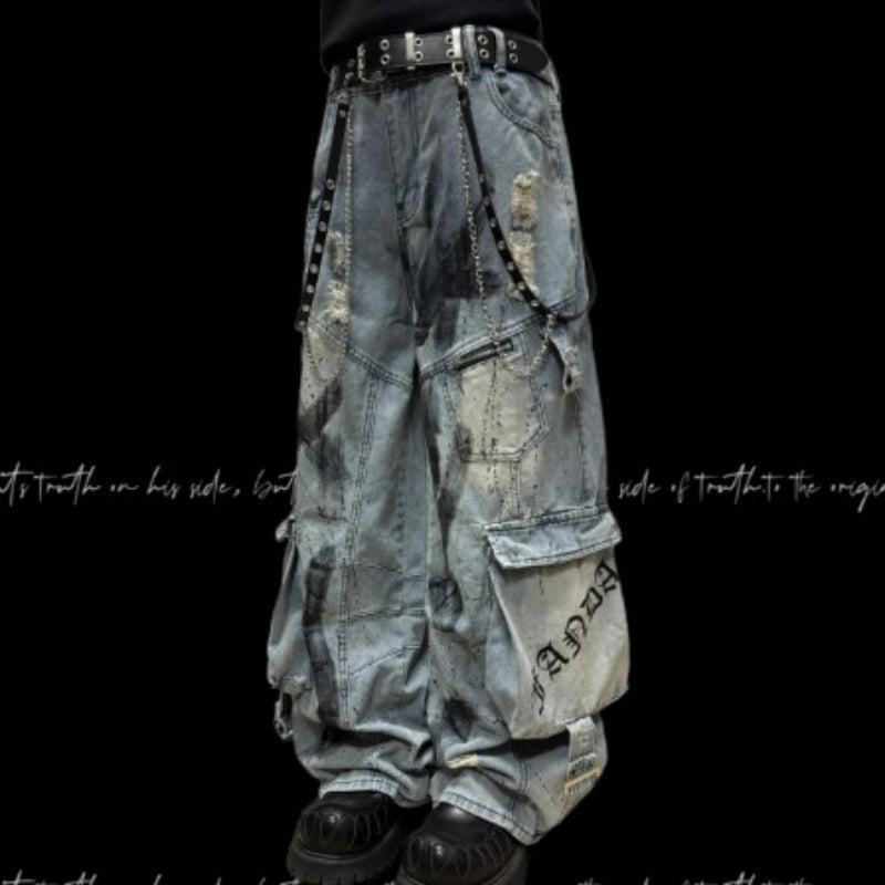 Multi-Pocket Graffiti Splatter Streetwear Ripped Wide-Leg Denim Jeans