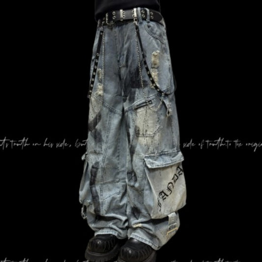 Multi-Pocket Graffiti Splatter Streetwear Ripped Wide-Leg Denim Jeans