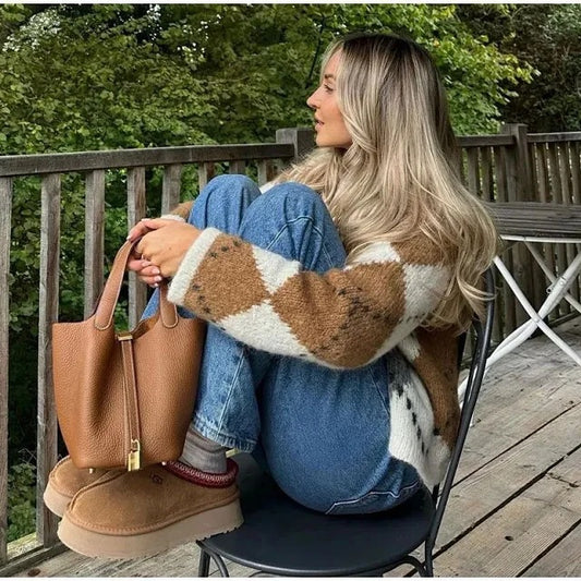 Women's Alpaca Geometric Contrast Color Knitted Cardigan Short Coat