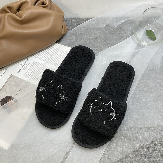 Hjemmesko til kvinder, med kat, flade, varme klipklappere