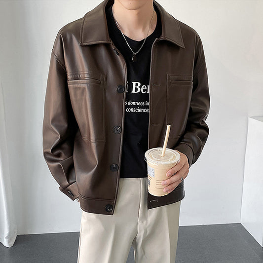 Efterår Retro Revers Kort Pu Læder Casual Jakke Mænds Koreansk-stil Niche Net Rød Løs Læderfrakke Flæse Flot Stilfuld
