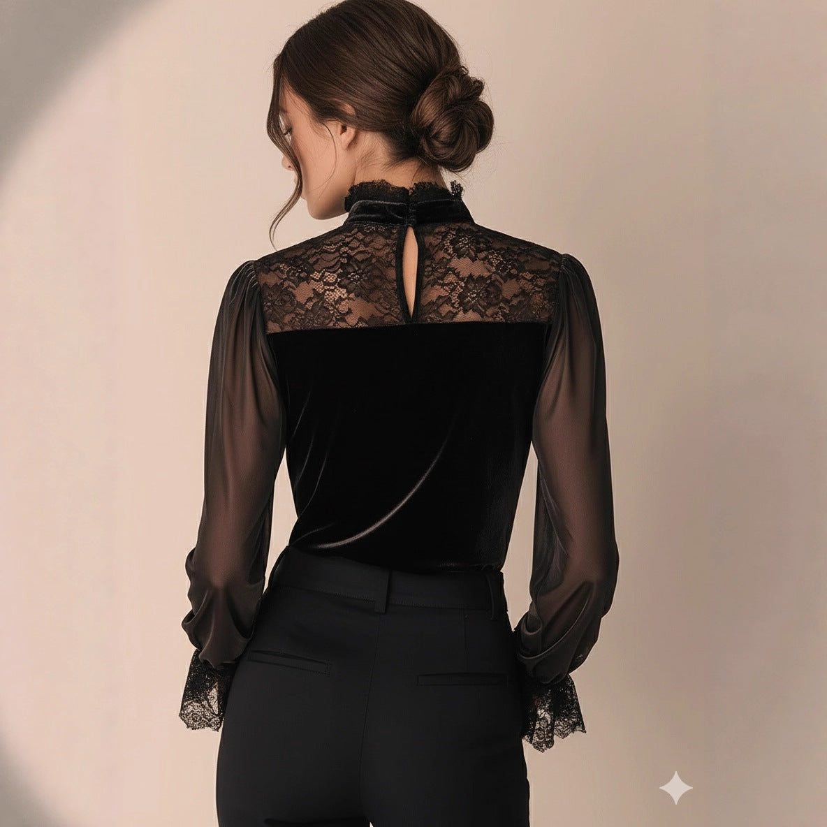 Retro Sophisticated And Subtly Alluring Lace-and-velvet Patchwork Bodycon Top