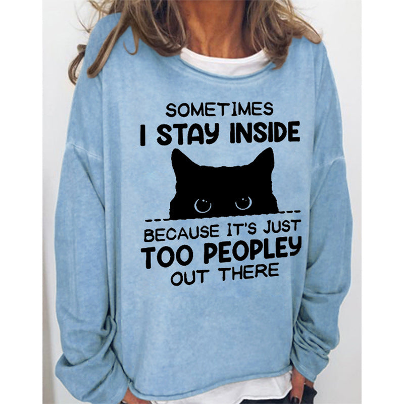 Black Cat English Round Neck Long-sleeved Pullover Top