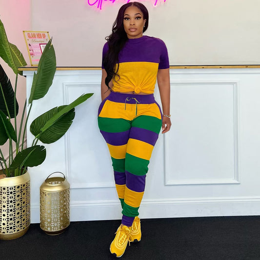 Striped Position-Printed Crew-Neck Short-Sleeve Pants Set