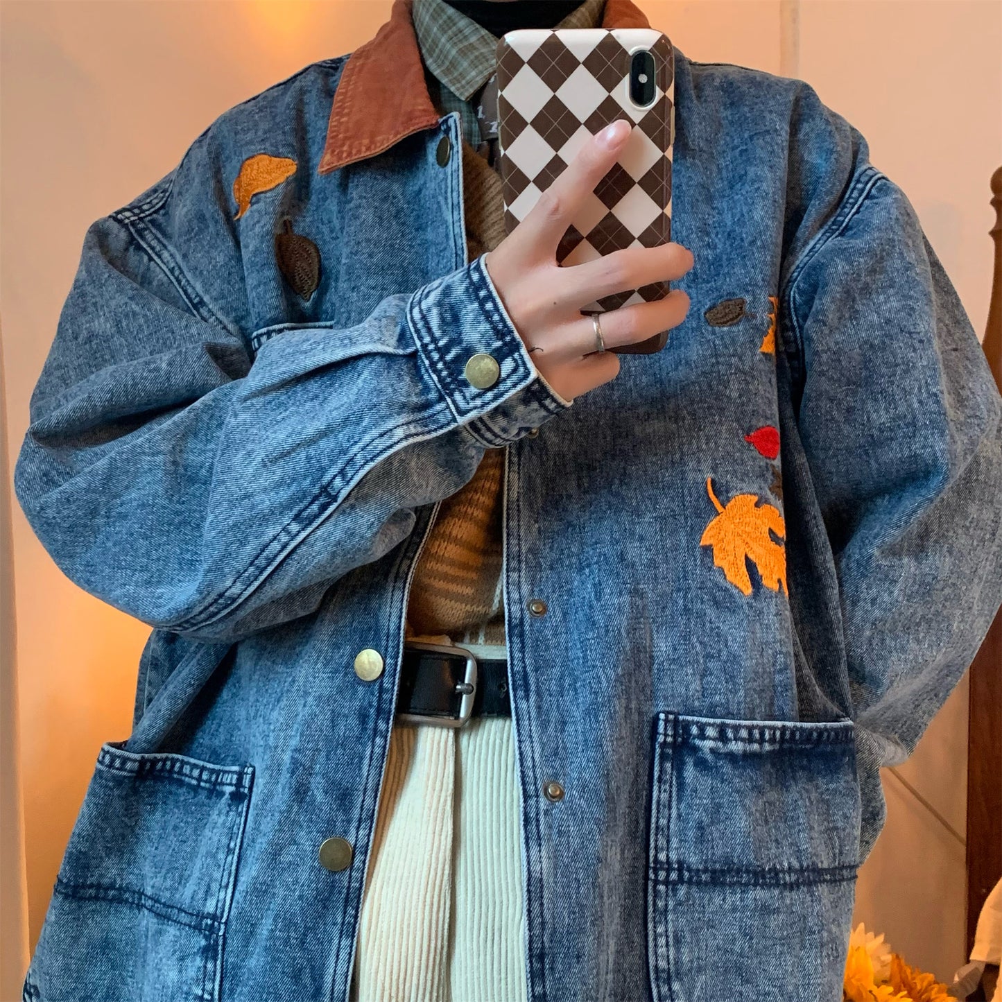 Vintage Maple Leaf Embroidered Washed Do The Old Cowboy Mid-length Coat