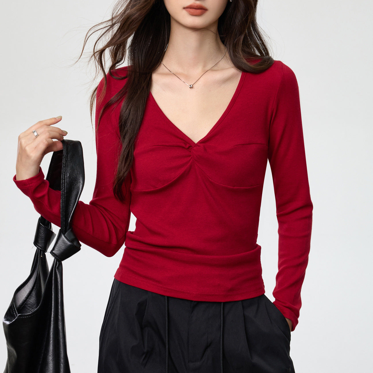 Women's Elegant Deep V-neck Knot Long Sleeve Top