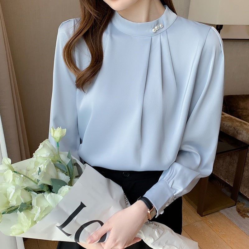 Satin Shirt Women Long Sleeve Beaded Solid Color Loose