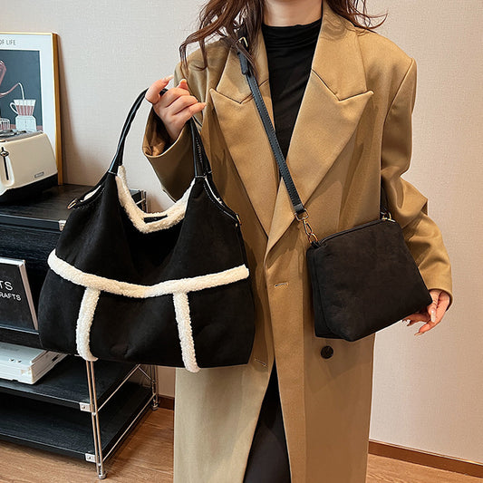 Women Plush Totes Casual Large-capacity Suede Handbag Winter Bags 2pcs