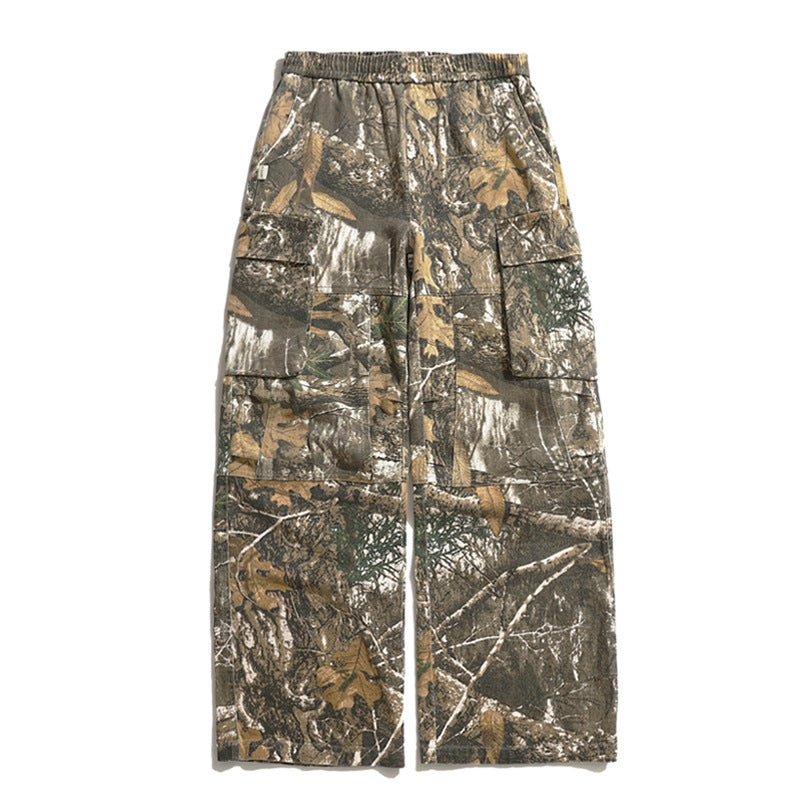 Retro Washed Distressed Camouflage Multi-pocket Wide-leg Draggle-tail Trousers