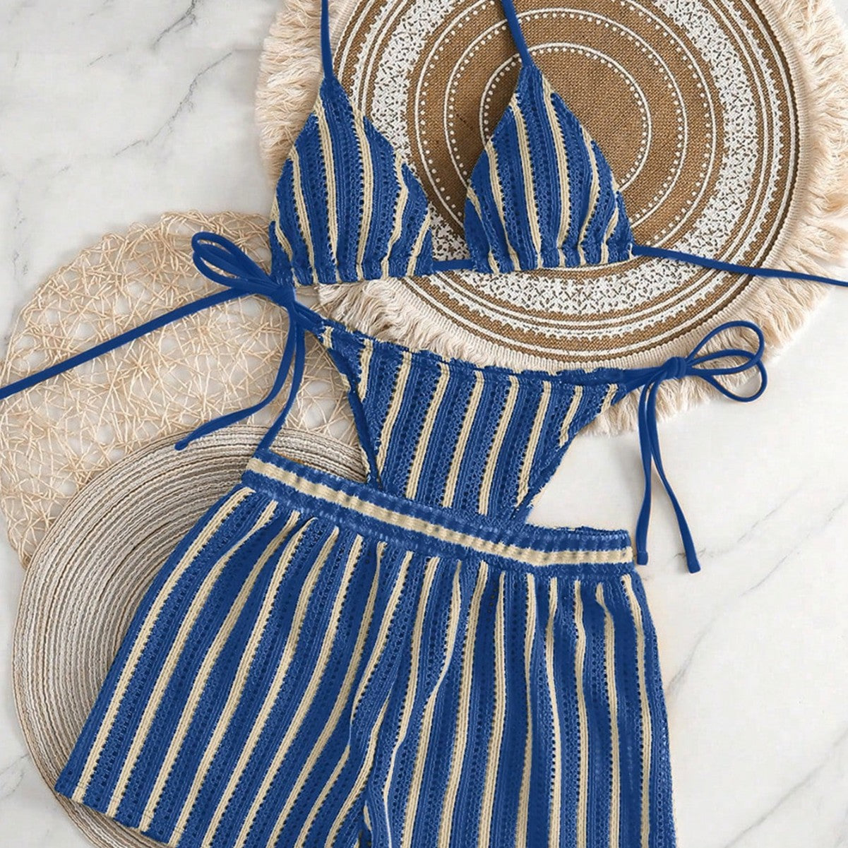 Womens Sexy Woven Bohemian Bikini Three-Piece Set