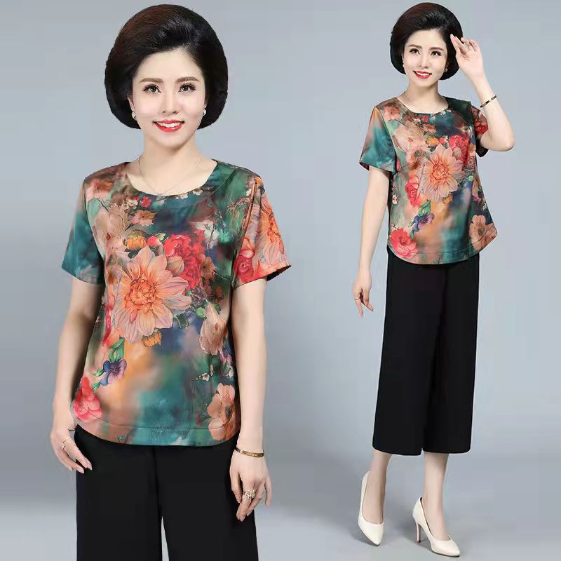 Western Style Suit Ice Silk Top Middle-aged And Elderly Women's Printed Short Sleeve