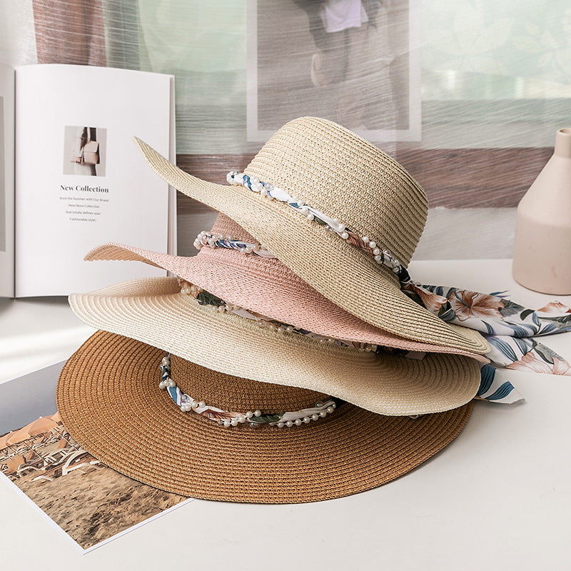 Bow Ribbon Broad-brimmed Hat Silk Scarf Straw Woven Vacation Sun Protection Folding Straw Hat